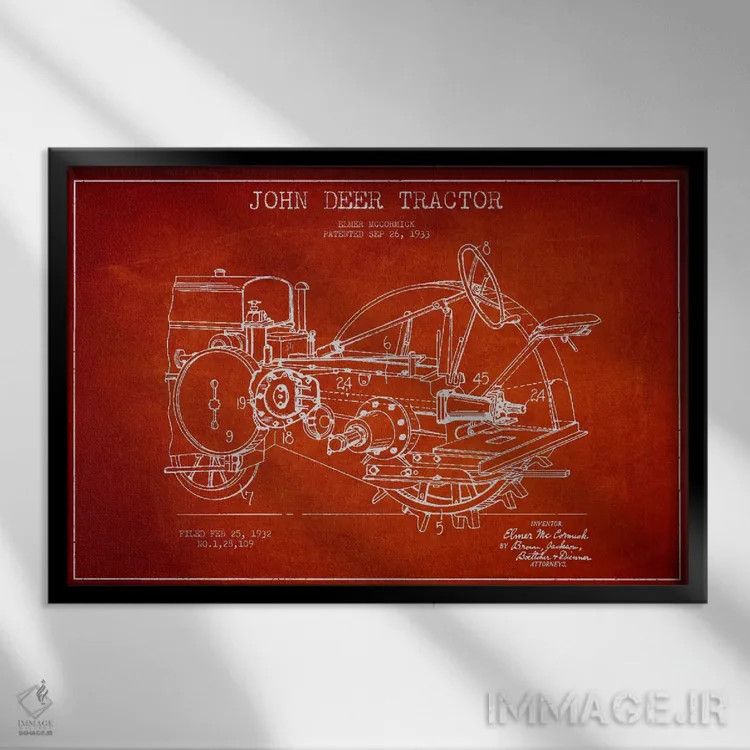 تابلو طرح ثبت اختراع جان دیر (قرمز) اثر پیکسل کهنه (استودیو/نام هنری) - نمای قابدار مشکی