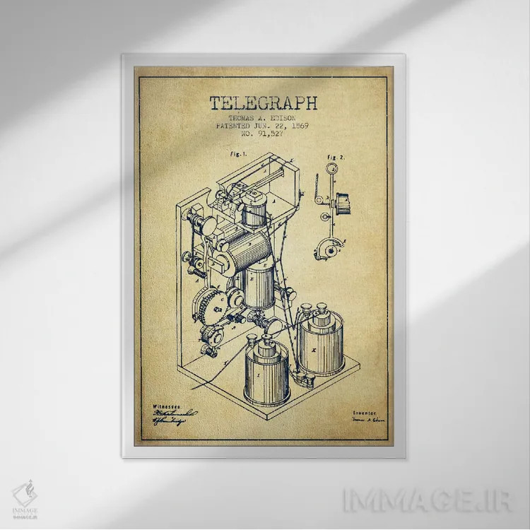 تابلو طرح ثبت اختراع تلگراف (قدیمی) اثر پیکسل کهنه (استودیو/نام هنری) - نمای قابدار سفید