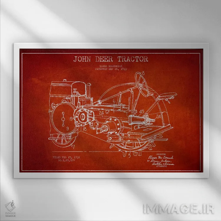 تابلو طرح ثبت اختراع جان دیر (قرمز) اثر پیکسل کهنه (استودیو/نام هنری) - نمای قابدار سفید