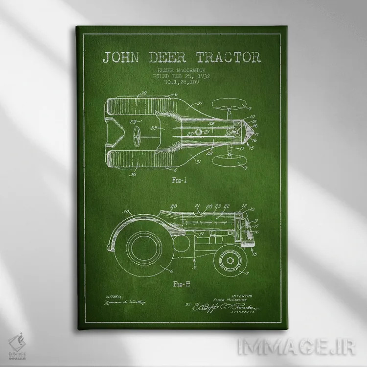 تابلو طرح ثبت اختراع جان دیر (سبز) اثر پیکسل کهنه (استودیو/نام هنری) - نمای روبهرو روی دیوار