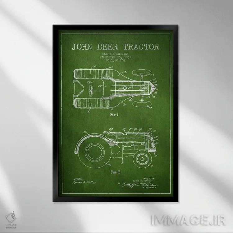 تابلو طرح ثبت اختراع جان دیر (سبز) اثر پیکسل کهنه (استودیو/نام هنری) - نمای قابدار مشکی