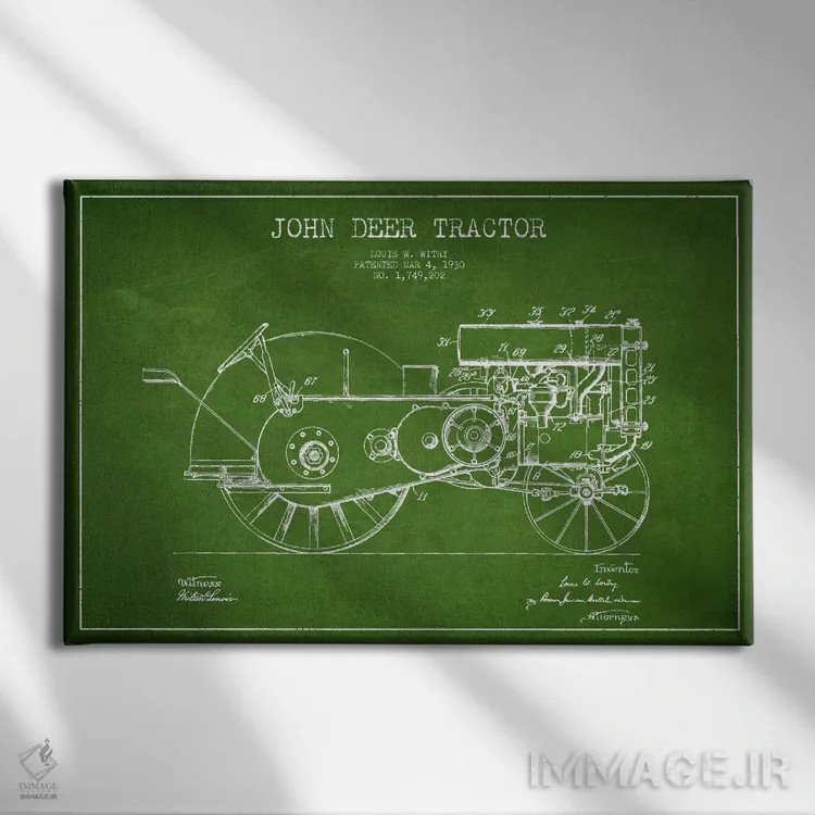 تابلو طرح ثبت اختراع جان دیر (سبز) اثر پیکسل کهنه (استودیو/نام هنری) - نمای روبهرو روی دیوار