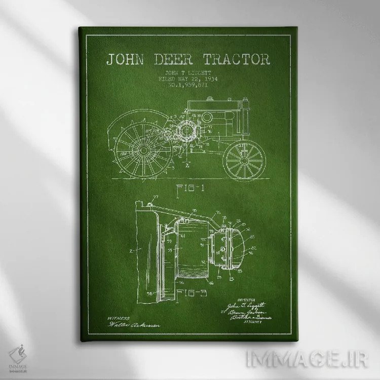 تابلو طرح ثبت اختراع جان دیر (سبز) اثر پیکسل کهنه (استودیو/نام هنری) - نمای روبهرو روی دیوار