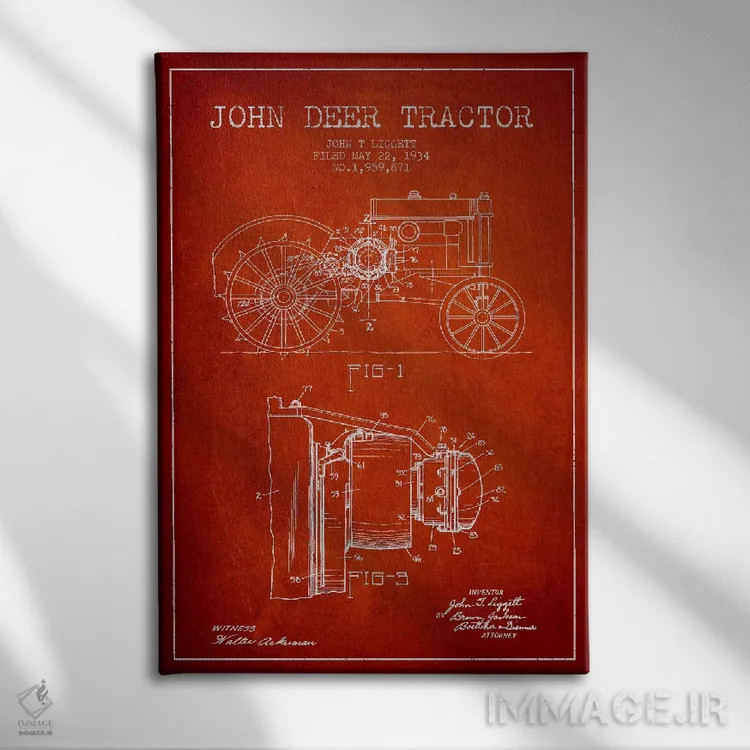 تابلو طرح ثبت اختراع جان دیر (قرمز) اثر پیکسل کهنه (استودیو/نام هنری) - نمای روبهرو روی دیوار