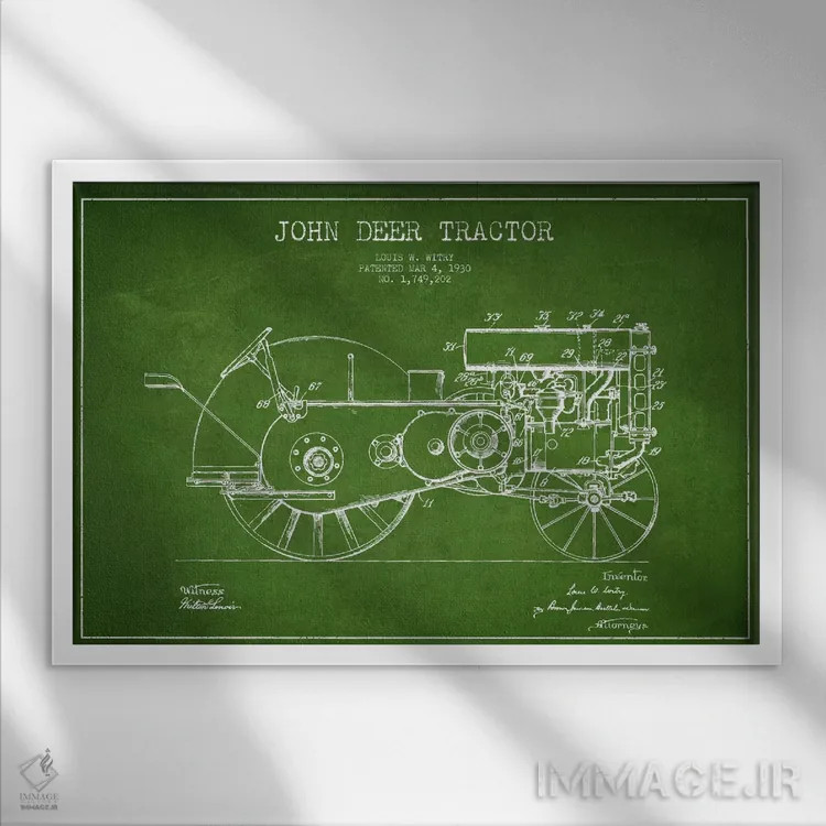 تابلو طرح ثبت اختراع جان دیر (سبز) اثر پیکسل کهنه (استودیو/نام هنری) - نمای قابدار سفید