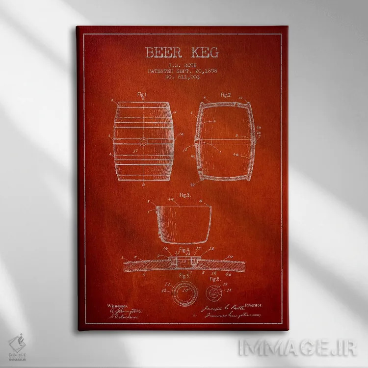 تابلو طرح ثبت اختراع بشکه (قرمز) اثر پیکسل کهنه (استودیو/نام هنری) - نمای روبهرو روی دیوار