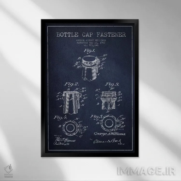 تابلو طرح ثبت اختراع قفل درب بطری (آبی نیروی دریایی) اثر پیکسل کهنه (استودیو/نام هنری) - نمای قابدار مشکی