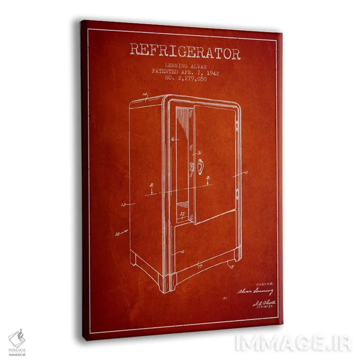 تابلو طرح ثبت اختراع یخچال (قرمز) اثر پیکسل کهنه (استودیو/نام هنری) - نمای پرسپکتیو محصول