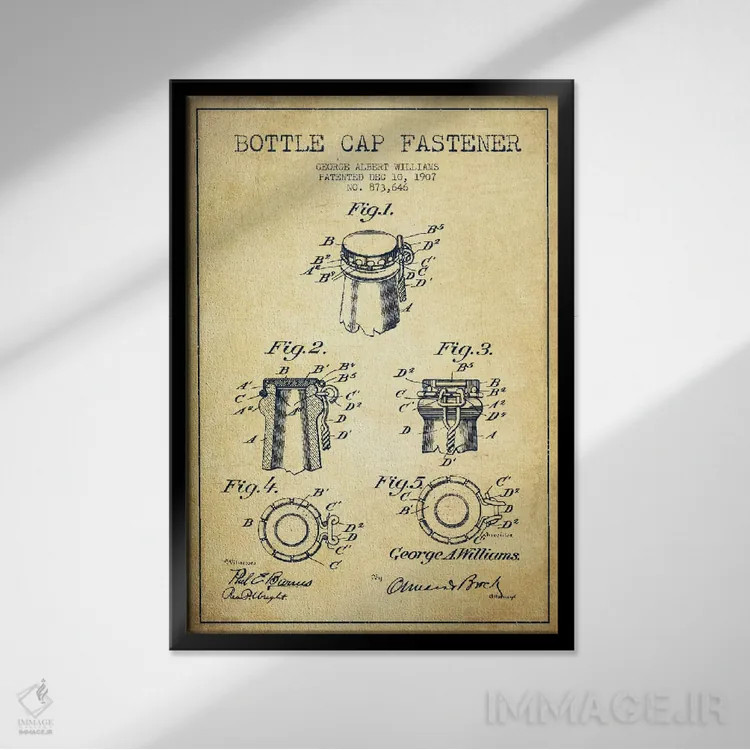 تابلو طرح ثبت اختراع قفل درب بطری (قدیمی) اثر پیکسل کهنه (استودیو/نام هنری) - نمای قابدار مشکی