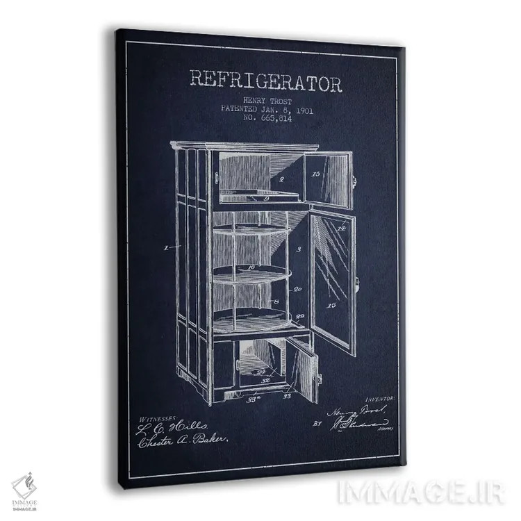 تابلو طرح ثبت اختراع یخچال (آبی نیروی دریایی) اثر پیکسل کهنه (استودیو/نام هنری) - نمای پرسپکتیو محصول