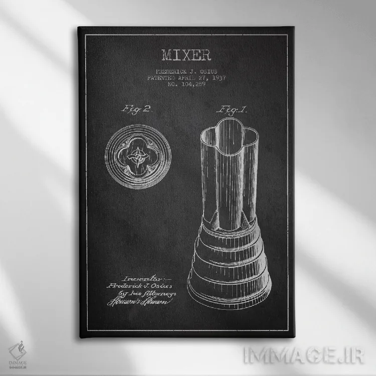 تابلو طرح ثبت اختراع همزن (طرح ذغالی) اثر پیکسل کهنه (استودیو/نام هنری) - نمای روبهرو روی دیوار