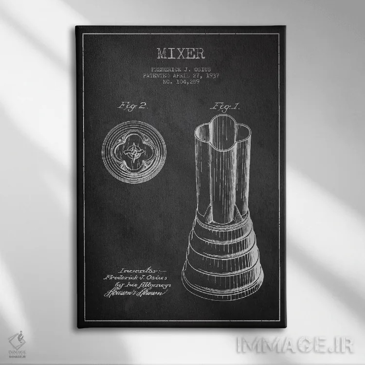 تابلو طرح ثبت اختراع همزن (طرح ذغالی) اثر پیکسل کهنه (استودیو/نام هنری) - نمای روبهرو روی دیوار