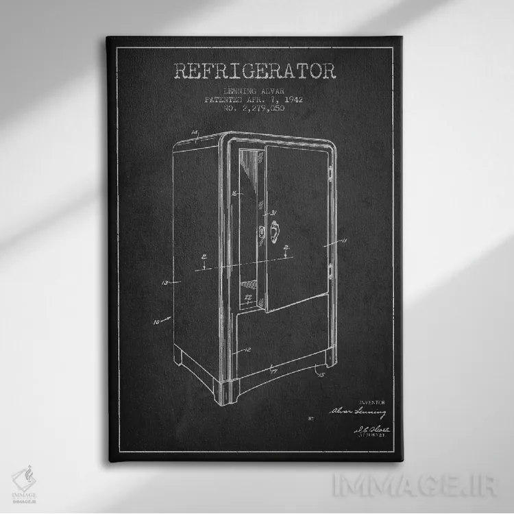 تابلو طرح ثبت اختراع یخچال (طرح ذغالی) اثر پیکسل کهنه (استودیو/نام هنری) - نمای روبهرو روی دیوار