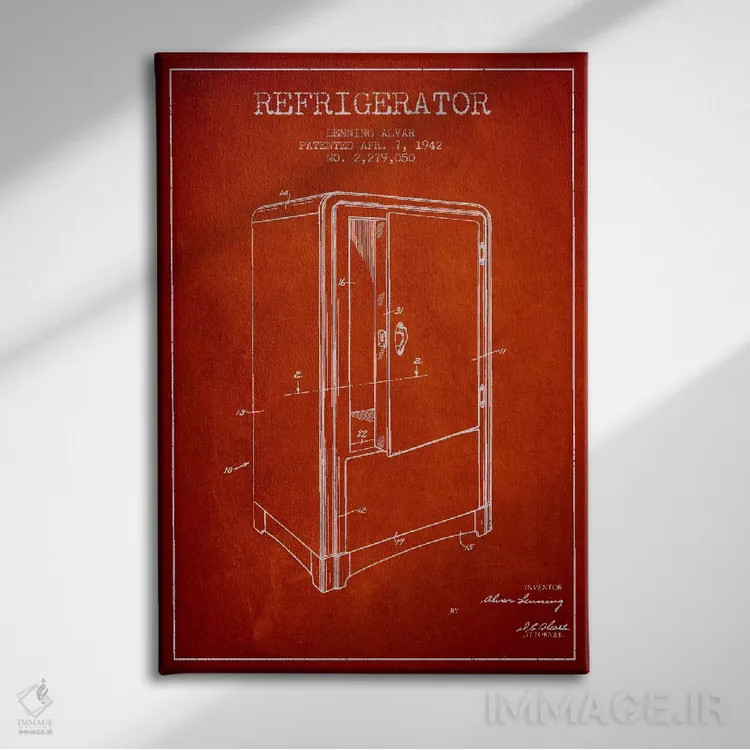 تابلو طرح ثبت اختراع یخچال (قرمز) اثر پیکسل کهنه (استودیو/نام هنری) - نمای روبهرو روی دیوار