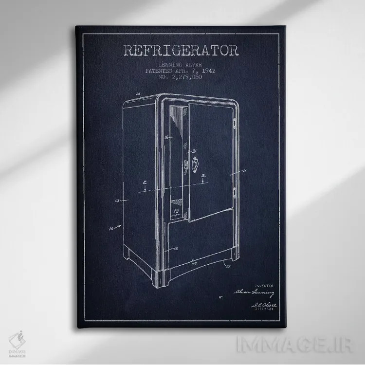 تابلو طرح ثبت اختراع یخچال (آبی نیروی دریایی) اثر پیکسل کهنه (استودیو/نام هنری) - نمای روبهرو روی دیوار