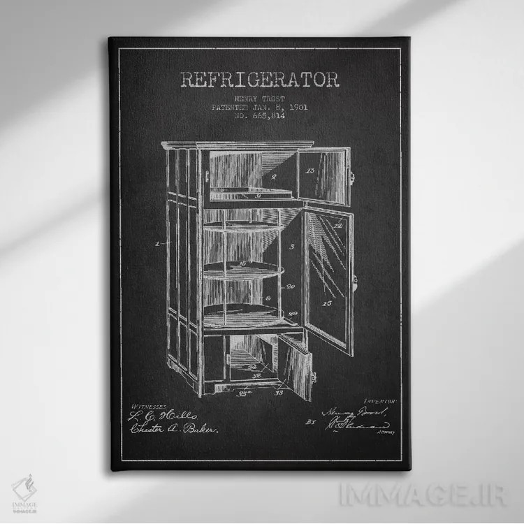 تابلو طرح ثبت اختراع یخچال (طرح ذغالی) اثر پیکسل کهنه (استودیو/نام هنری) - نمای روبهرو روی دیوار