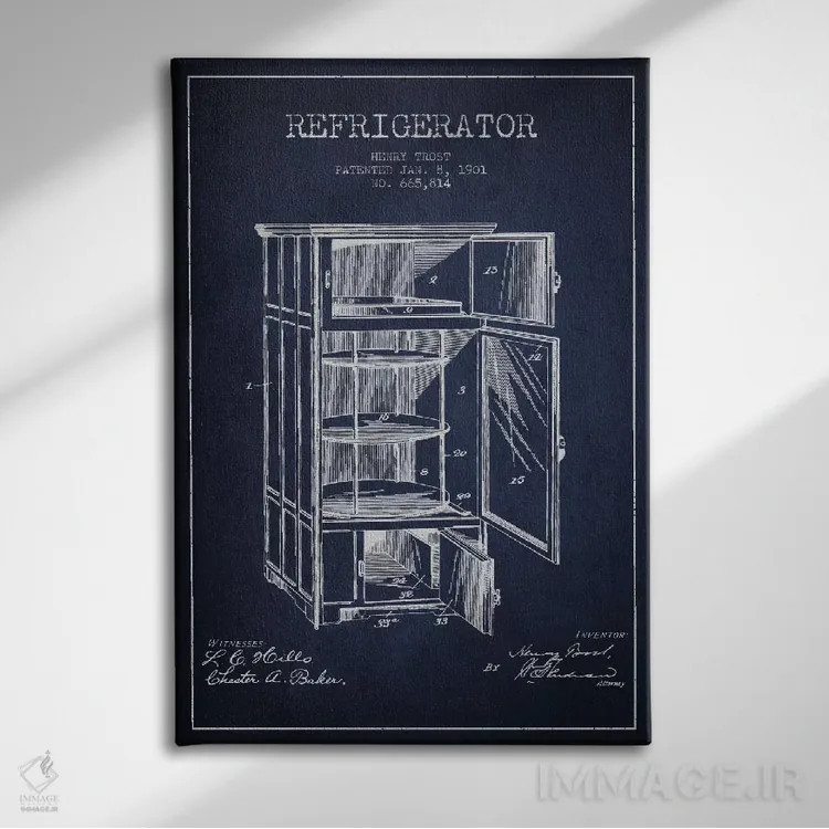 تابلو طرح ثبت اختراع یخچال (آبی نیروی دریایی) اثر پیکسل کهنه (استودیو/نام هنری) - نمای روبهرو روی دیوار