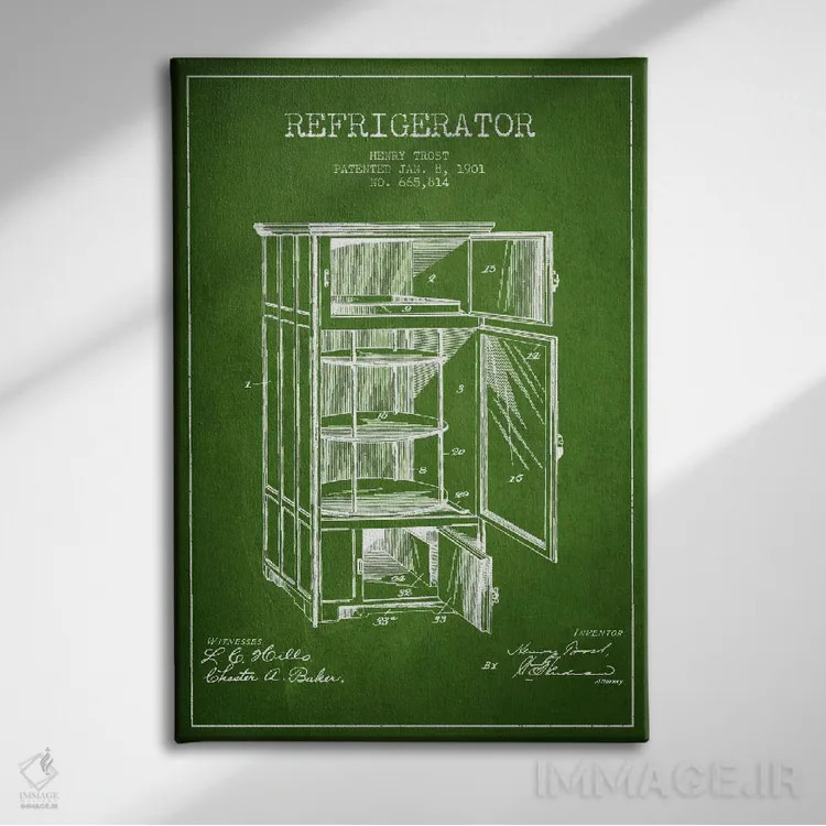 تابلو طرح ثبت اختراع یخچال (سبز) اثر پیکسل کهنه (استودیو/نام هنری) - نمای روبهرو روی دیوار