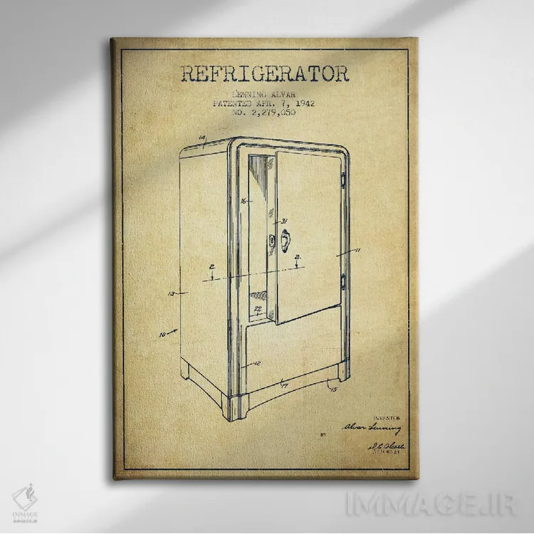 تابلو طرح ثبت اختراع یخچال (قدیمی) اثر پیکسل کهنه (استودیو/نام هنری) - نمای روبهرو روی دیوار