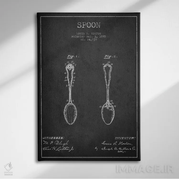 تابلو طرح ثبت اختراع قاشق (طرح ذغالی) اثر پیکسل کهنه (استودیو/نام هنری) - نمای روبهرو روی دیوار