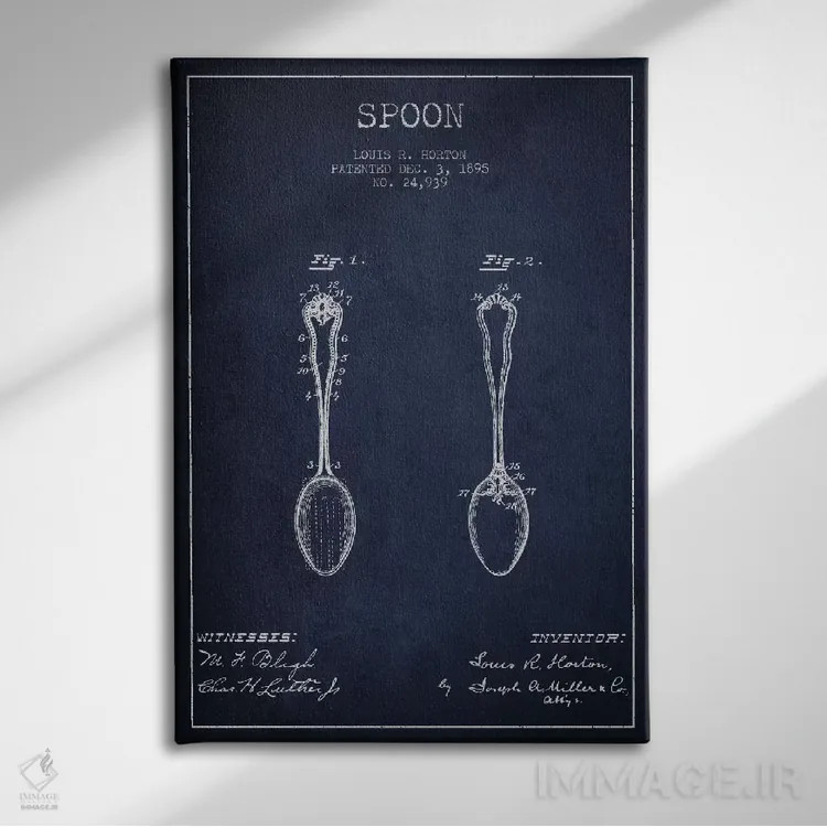 تابلو طرح ثبت اختراع قاشق (آبی نیروی دریایی) اثر پیکسل کهنه (استودیو/نام هنری) - نمای روبهرو روی دیوار