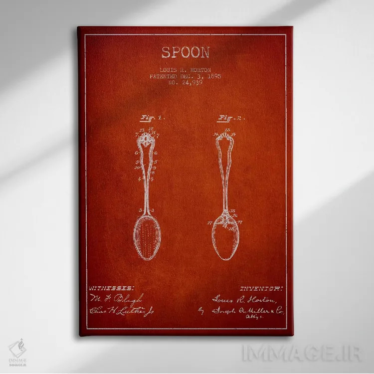 تابلو طرح ثبت اختراع قاشق (قرمز) اثر پیکسل کهنه (استودیو/نام هنری) - نمای روبهرو روی دیوار