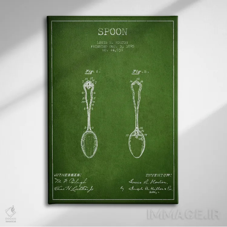 تابلو طرح ثبت اختراع قاشق (سبز) اثر پیکسل کهنه (استودیو/نام هنری) - نمای روبهرو روی دیوار