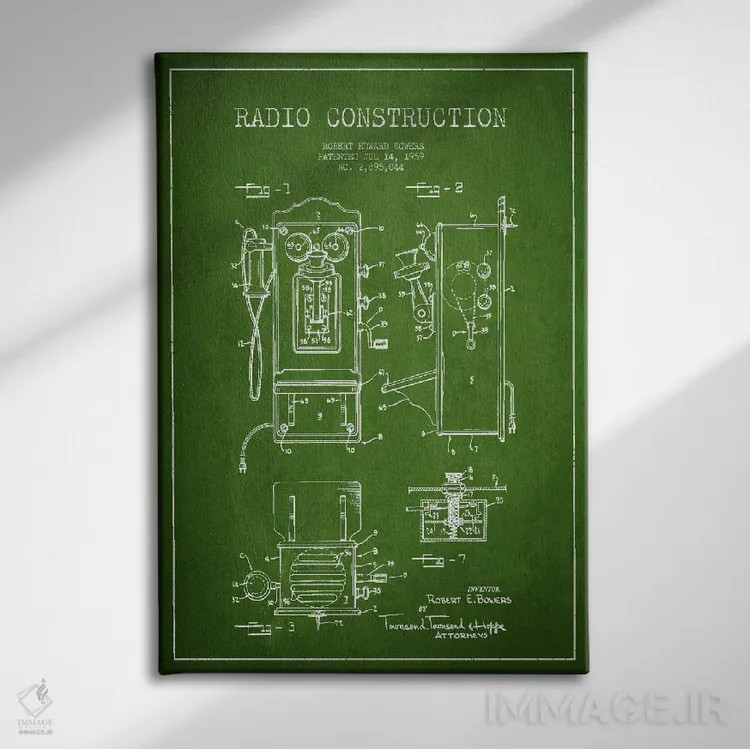 تابلو طرح ثبت اختراع رادیو باورس (سبز) اثر پیکسل کهنه (استودیو/نام هنری) - نمای روبهرو روی دیوار
