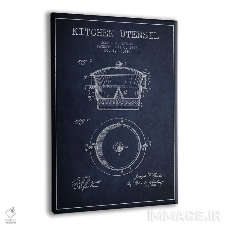 تابلو طرح ثبت اختراع ظرف آشپزخانه (آبی نفتی) اثر پیکسل کهنه (استودیو/نام هنری) - نمای پرسپکتیو محصول