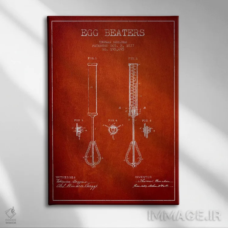 تابلو طرح ثبت اختراع همزن تخم مرغ (قرمز) اثر پیکسل کهنه (استودیو/نام هنری) - نمای روبهرو روی دیوار