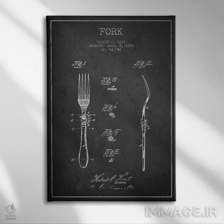 تابلو طرح ثبت اختراع چنگال (طرح ذغالی) اثر پیکسل کهنه (استودیو/نام هنری) - نمای روبهرو روی دیوار