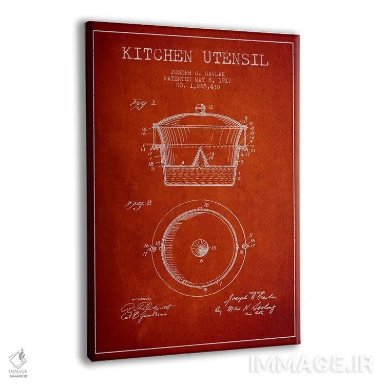 تابلو طرح ثبت اختراع ظرف آشپزخانه (قرمز) اثر پیکسل کهنه (استودیو/نام هنری) - نمای پرسپکتیو محصول