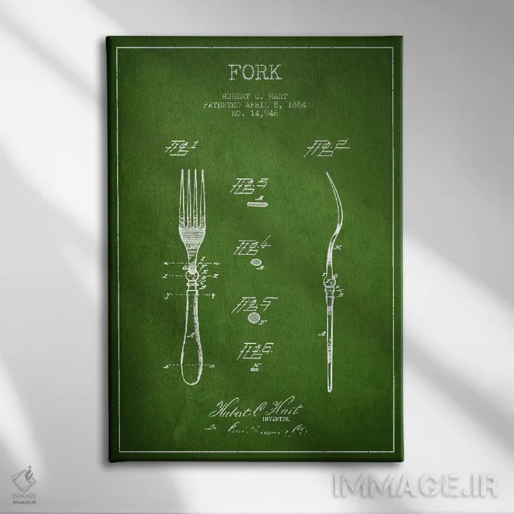 تابلو طرح ثبت اختراع چنگال (سبز) اثر پیکسل کهنه (استودیو/نام هنری) - نمای روبهرو روی دیوار