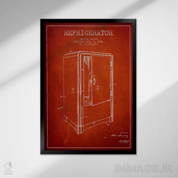 تابلو طرح ثبت اختراع یخچال (قرمز) اثر پیکسل کهنه (استودیو/نام هنری) - نمای قابدار مشکی