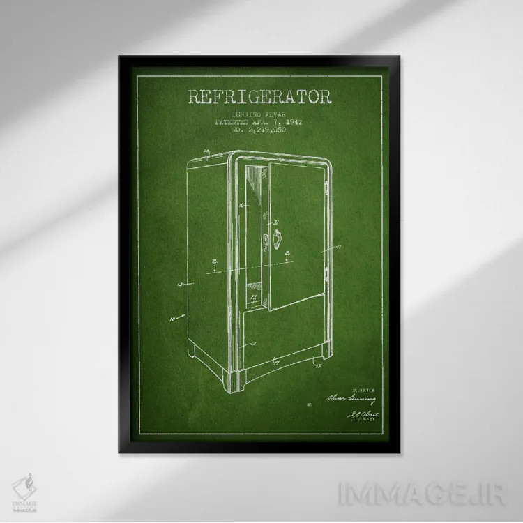 تابلو طرح ثبت اختراع یخچال (سبز) اثر پیکسل کهنه (استودیو/نام هنری) - نمای قابدار مشکی