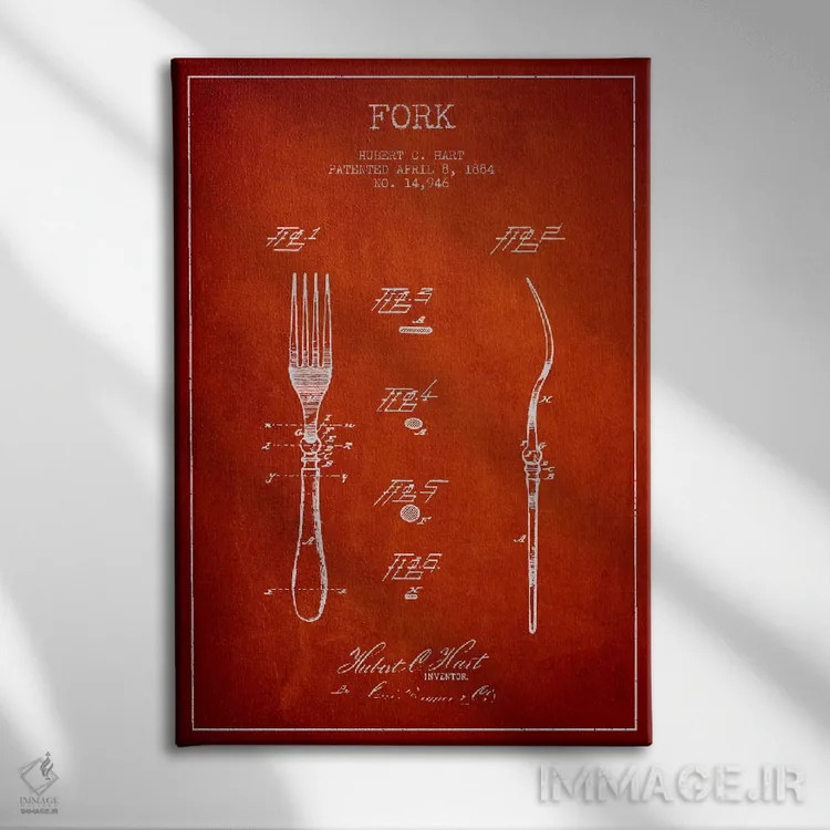 تابلو طرح ثبت اختراع چنگال (قرمز) اثر پیکسل کهنه (استودیو/نام هنری) - نمای روبهرو روی دیوار