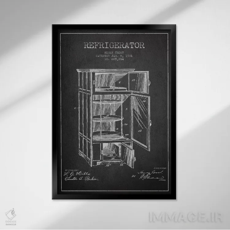 تابلو طرح ثبت اختراع یخچال (طرح ذغالی) اثر پیکسل کهنه (استودیو/نام هنری) - نمای قابدار مشکی