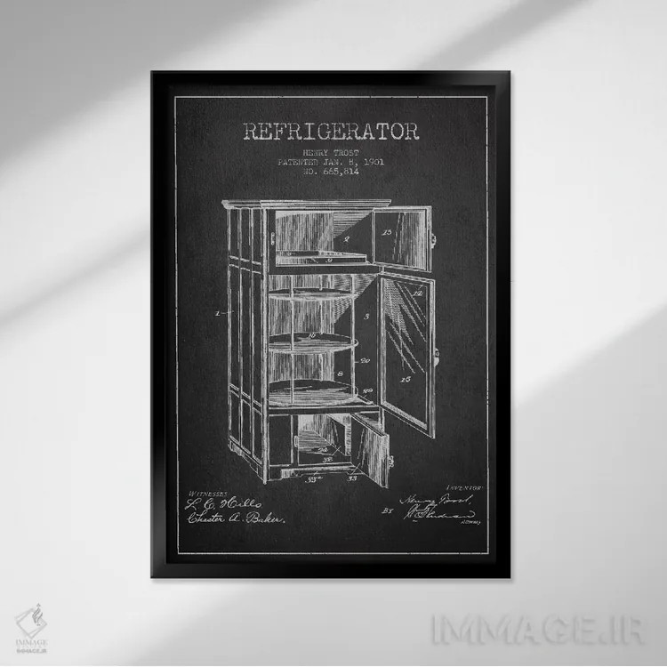 تابلو طرح ثبت اختراع یخچال (طرح ذغالی) اثر پیکسل کهنه (استودیو/نام هنری) - نمای قابدار مشکی
