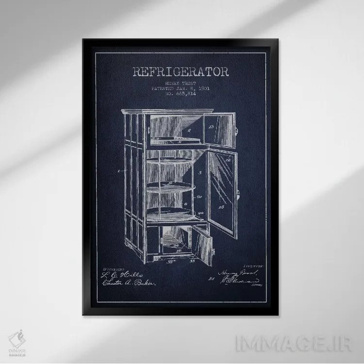 تابلو طرح ثبت اختراع یخچال (آبی نیروی دریایی) اثر پیکسل کهنه (استودیو/نام هنری) - نمای قابدار مشکی
