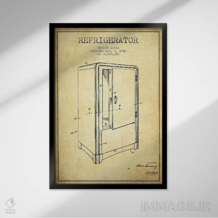 تابلو طرح ثبت اختراع یخچال (قدیمی) اثر پیکسل کهنه (استودیو/نام هنری) - نمای قابدار مشکی