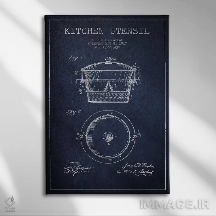 تابلو طرح ثبت اختراع ظرف آشپزخانه (آبی نفتی) اثر پیکسل کهنه (استودیو/نام هنری) - نمای روبهرو روی دیوار
