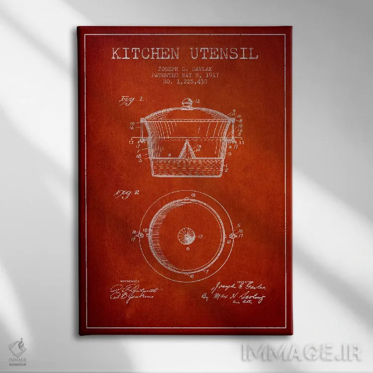 تابلو طرح ثبت اختراع ظرف آشپزخانه (قرمز) اثر پیکسل کهنه (استودیو/نام هنری) - نمای روبهرو روی دیوار