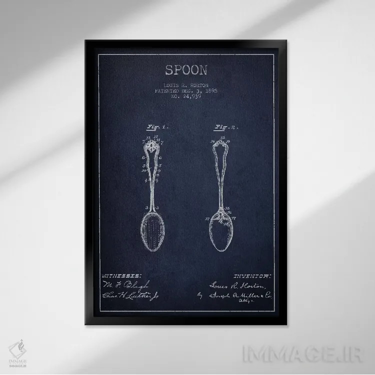 تابلو طرح ثبت اختراع قاشق (آبی نیروی دریایی) اثر پیکسل کهنه (استودیو/نام هنری) - نمای قابدار مشکی
