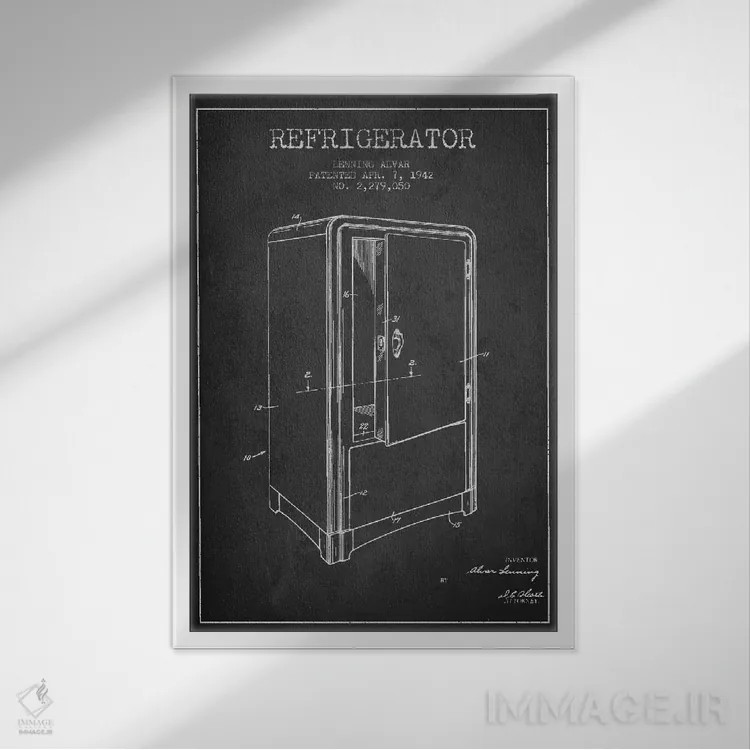 تابلو طرح ثبت اختراع یخچال (طرح ذغالی) اثر پیکسل کهنه (استودیو/نام هنری) - نمای قابدار سفید