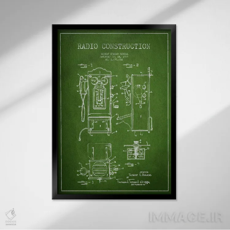 تابلو طرح ثبت اختراع رادیو باورس (سبز) اثر پیکسل کهنه (استودیو/نام هنری) - نمای قابدار مشکی