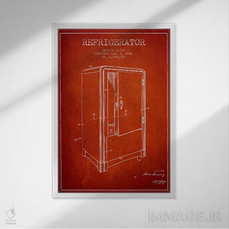 تابلو طرح ثبت اختراع یخچال (قرمز) اثر پیکسل کهنه (استودیو/نام هنری) - نمای قابدار سفید
