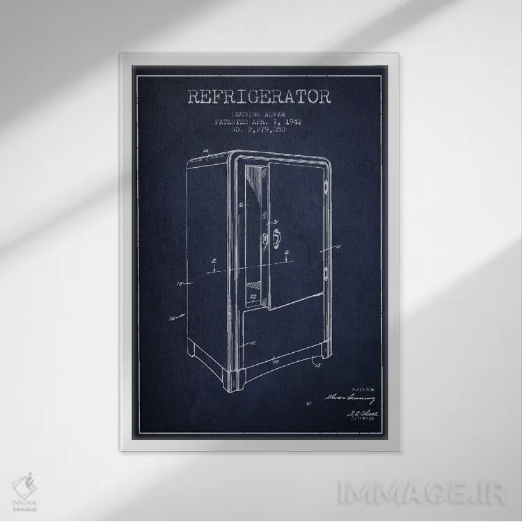 تابلو طرح ثبت اختراع یخچال (آبی نیروی دریایی) اثر پیکسل کهنه (استودیو/نام هنری) - نمای قابدار سفید