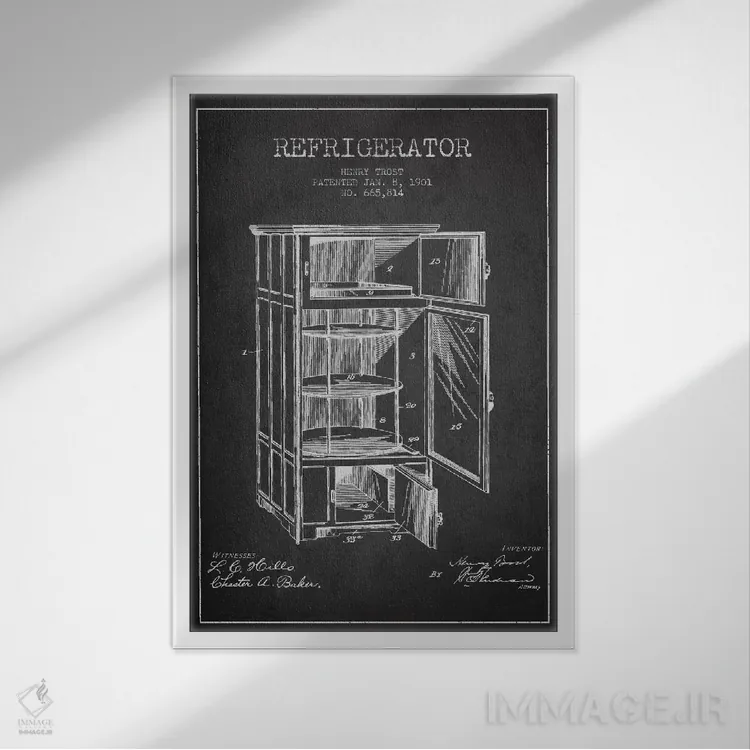 تابلو طرح ثبت اختراع یخچال (طرح ذغالی) اثر پیکسل کهنه (استودیو/نام هنری) - نمای قابدار سفید
