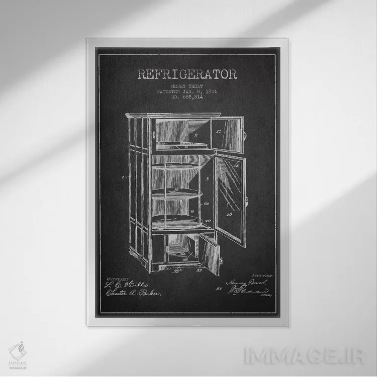 تابلو طرح ثبت اختراع یخچال (طرح ذغالی) اثر پیکسل کهنه (استودیو/نام هنری) - نمای قابدار سفید