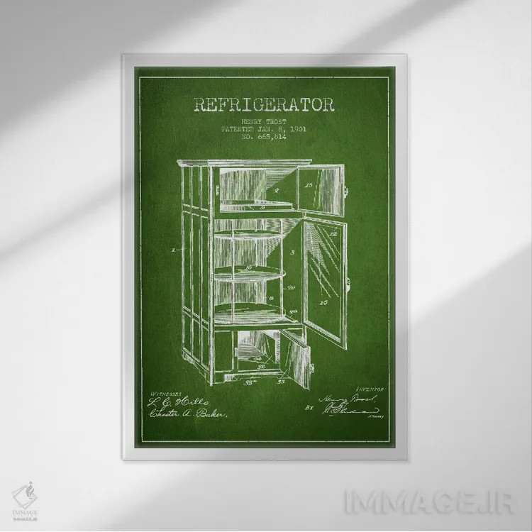 تابلو طرح ثبت اختراع یخچال (سبز) اثر پیکسل کهنه (استودیو/نام هنری) - نمای قابدار سفید